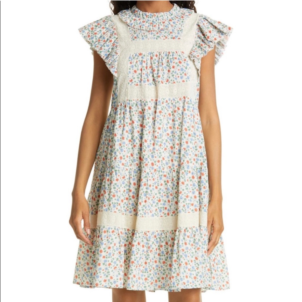 Sea NY Bubbie Ditsy Floral Mini Dress Short Sleeve Tiered